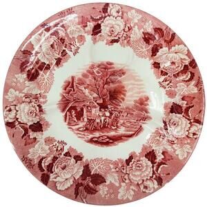 Enoch Wood's Ware Pink/Red English‎ Scenery 4 Part Divided Grill Plate 10.75 2-2